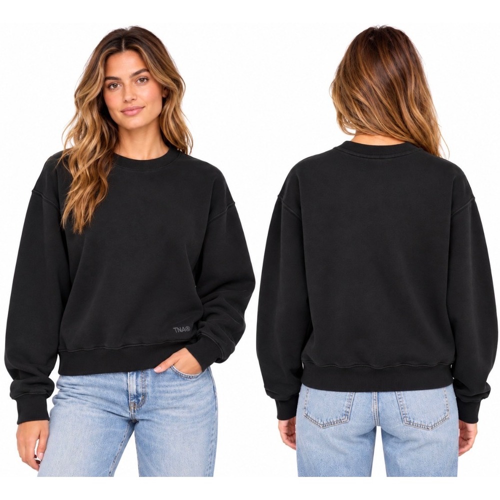 Aritzia TNA Cozy Fleece Perfect Crew Sweatshirt Womens M Black Pullover Logo